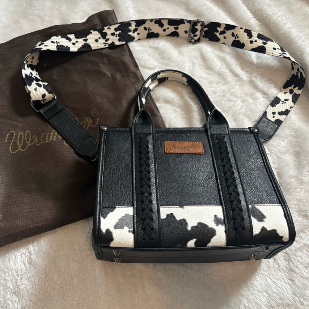 Wrangler mini crossbody tote Black and White with Cow Print